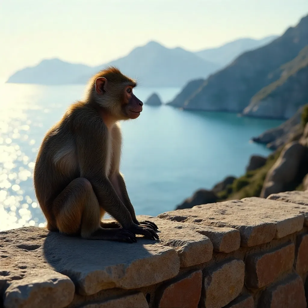 Barbary Macaque on Stone Wall Over Gibraltar Bay