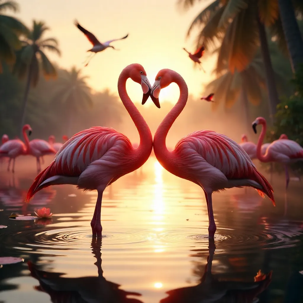 Heart-Shaped Flamingos Amid a Flamingo Flock