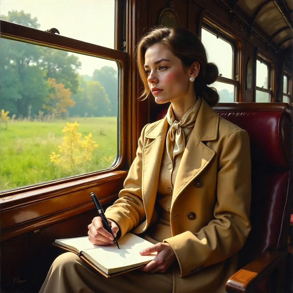 Golden Hour on a Train: Stylish Woman in Oil