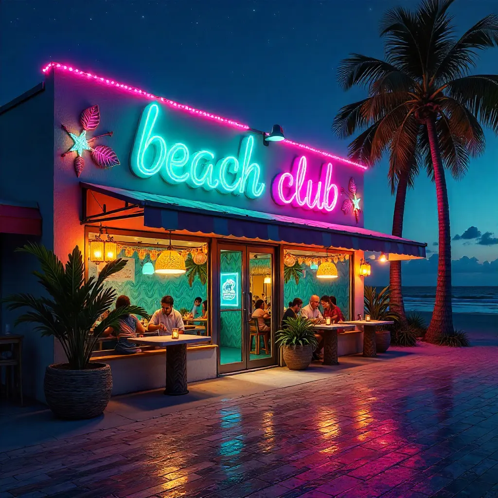 Neon Beach Clubfront on Padre Island at Night