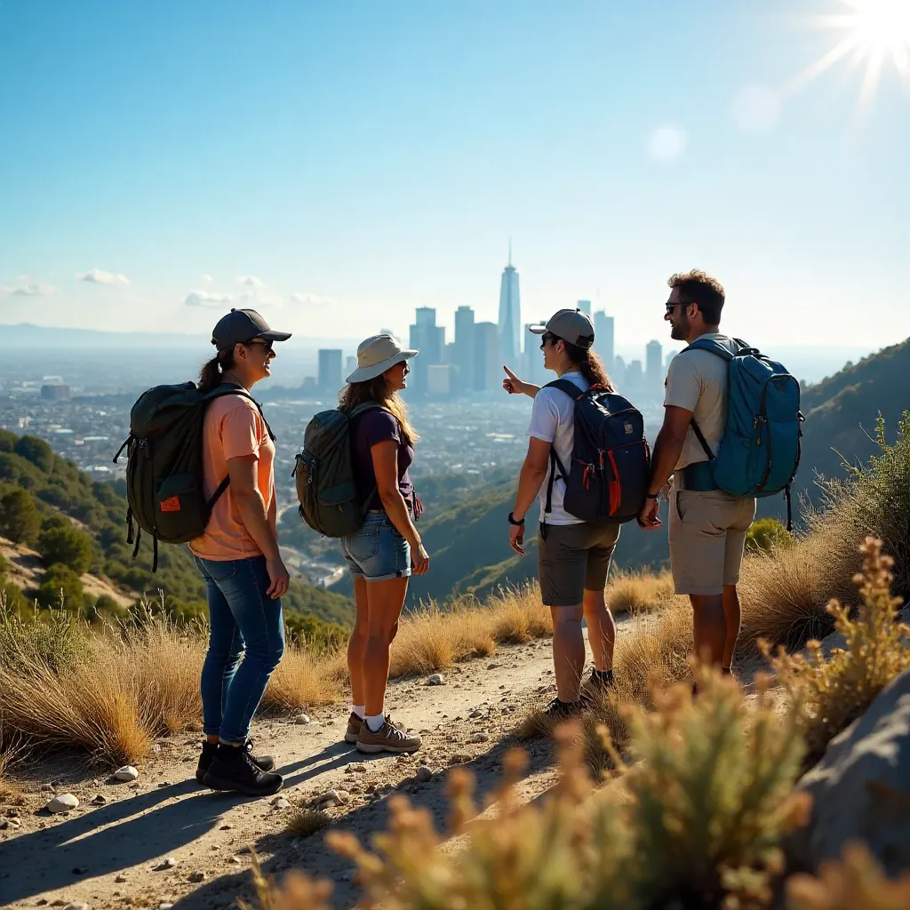 Four hikers overlook sunny LA skyline