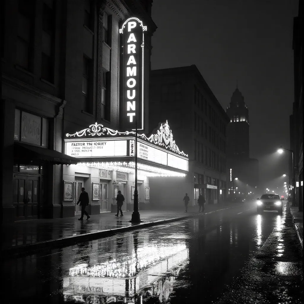 Nocturnal Paramount Theatre Rain: Black and White Noir