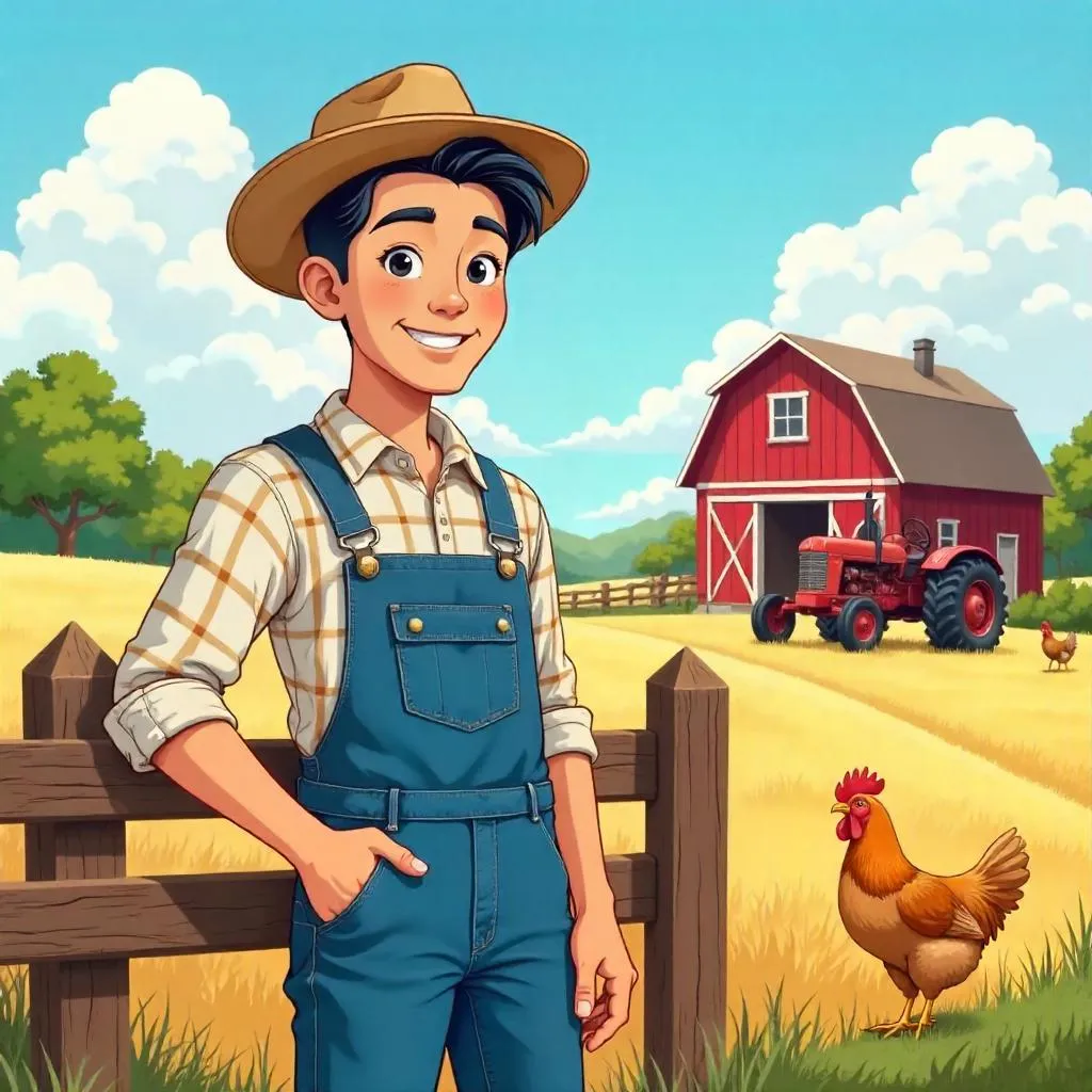 Handsome Asian Farmhand in Bright Cartoon
