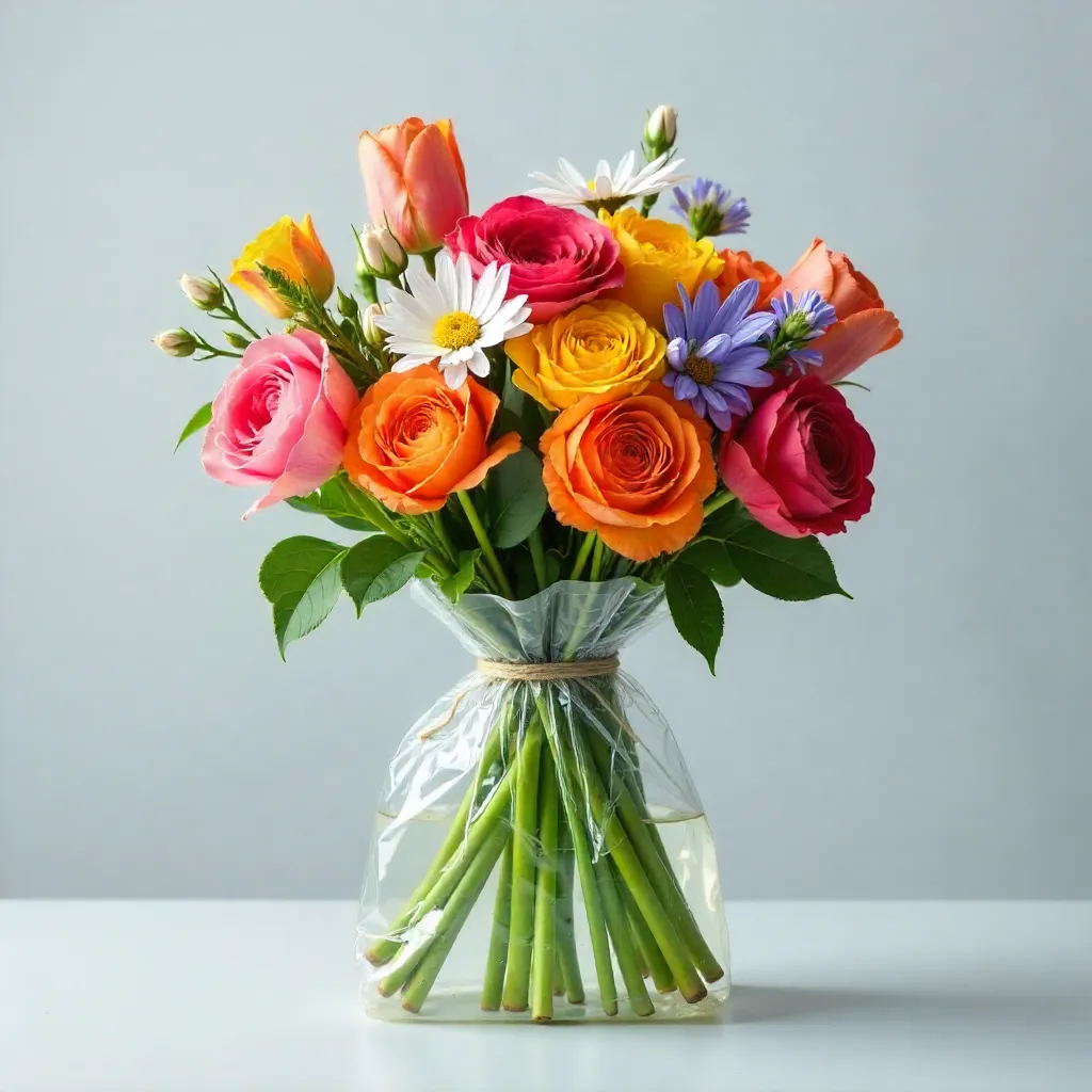 Vibrant Flowers in a Transparent Plastic Bag