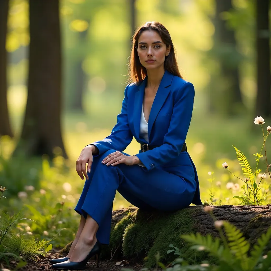 Confident Woman in Blue Suit Amid Nature’s Calm
