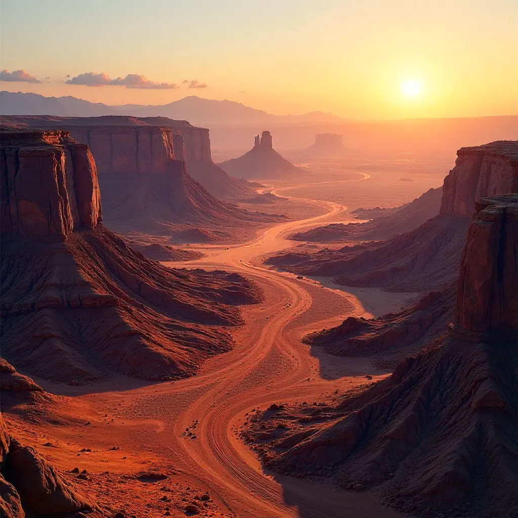 Desert Aerial Sunset: Rugged Terrain from Above