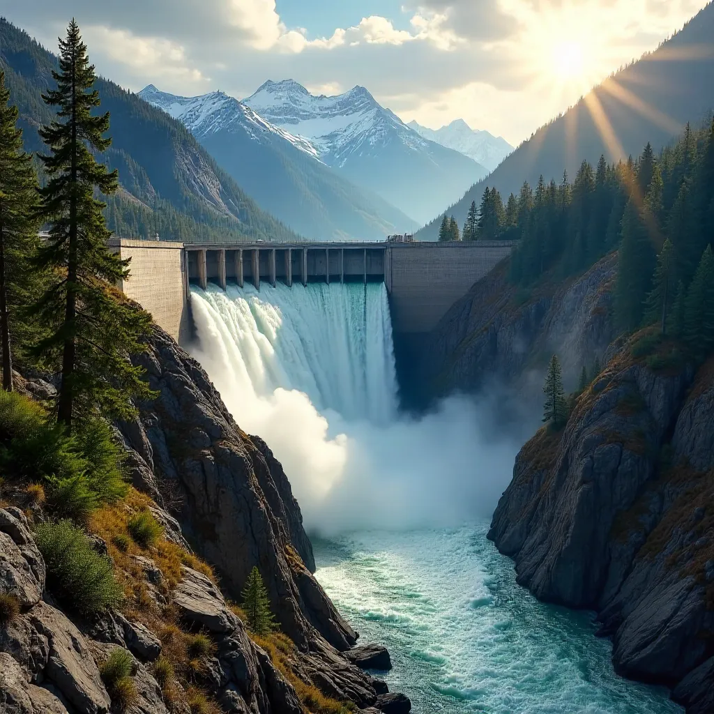 Powerful Dam Spillway in Mountain Forests, USA