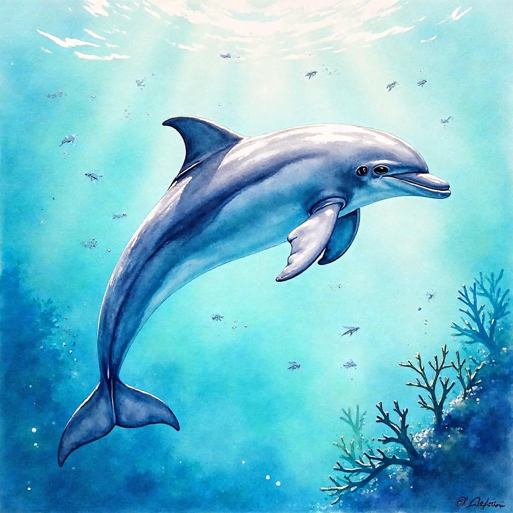 Watercolor Dolphin Among a School of Fish