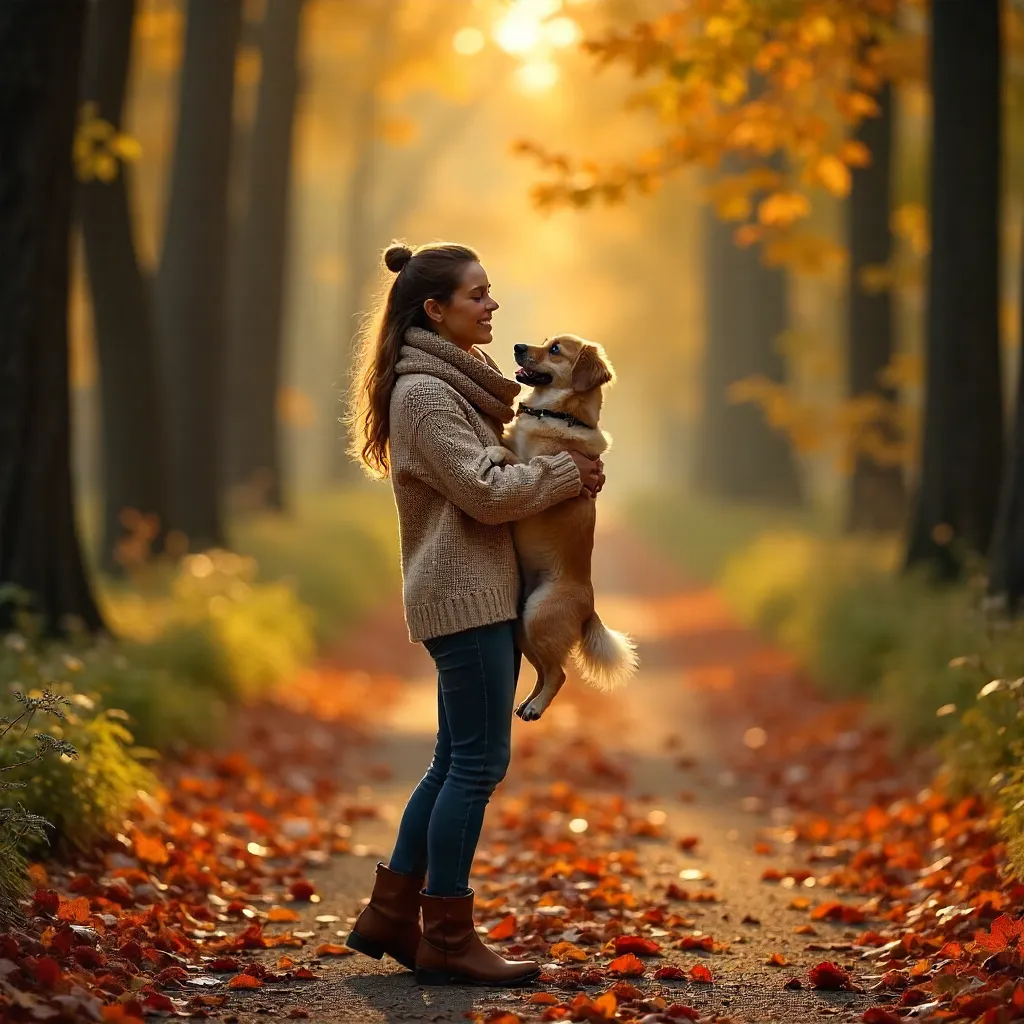 Joyful Fall Walk with Woman and Dog