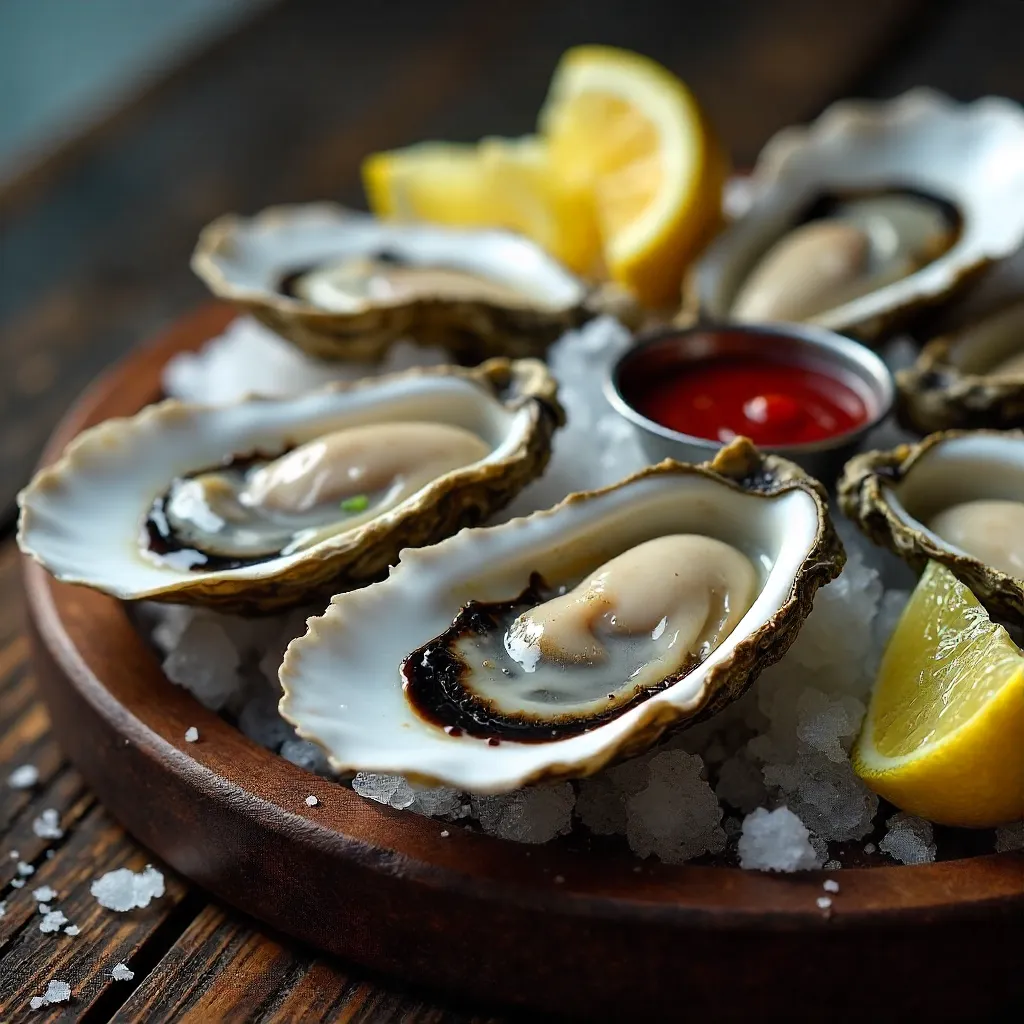 Chilled Oyster Platter on Ice with Lemons and Hot Sauce