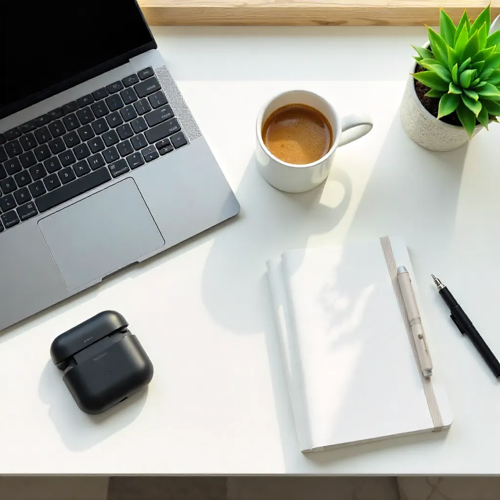 Chic Flat Lay: Modern Workspace with Laptop and Coffee