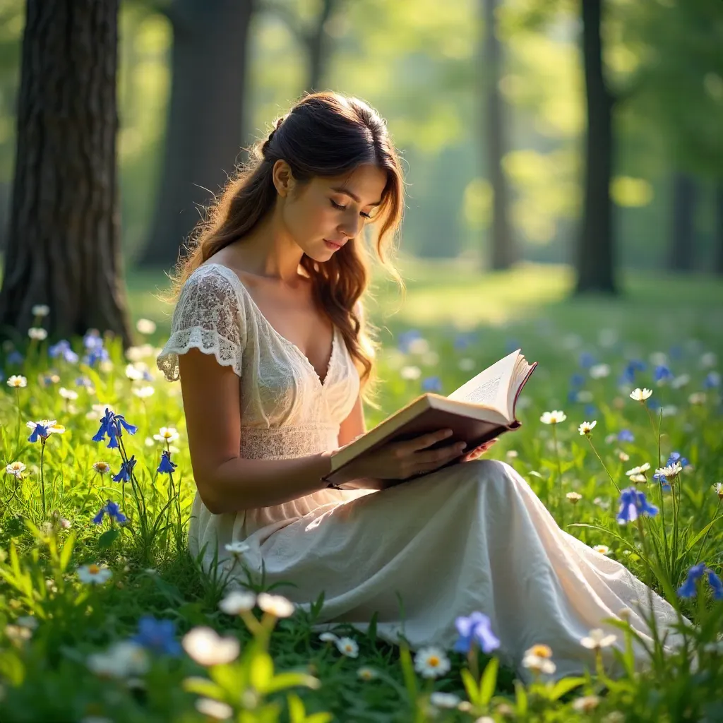 Lace-Clad Reader in a Spring Meadow