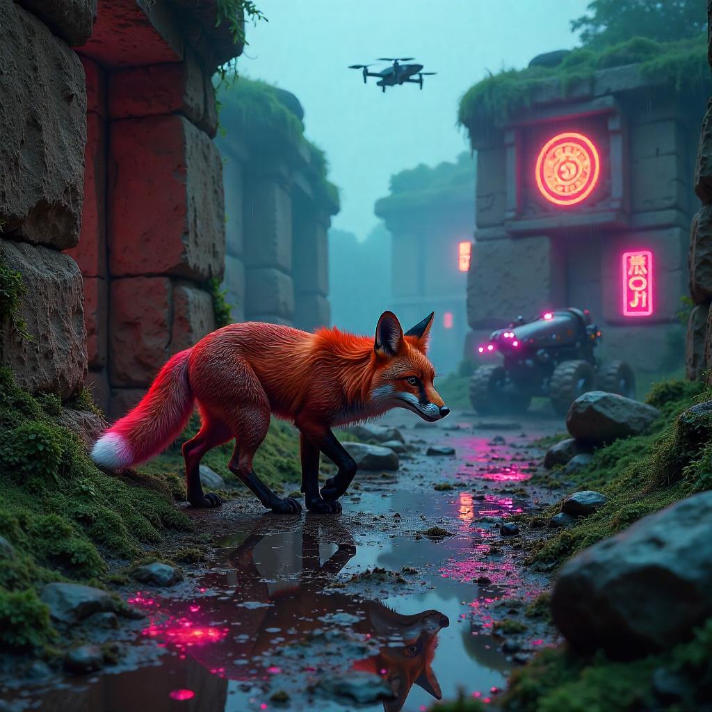 Fox in Neon Ruins: A Cyberpunk Archaeology Scene