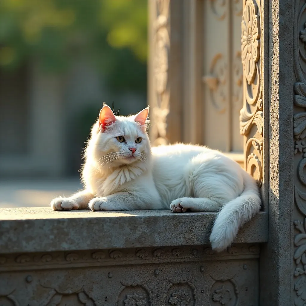 White Cat on an Elegantly Carved Stone Wall
