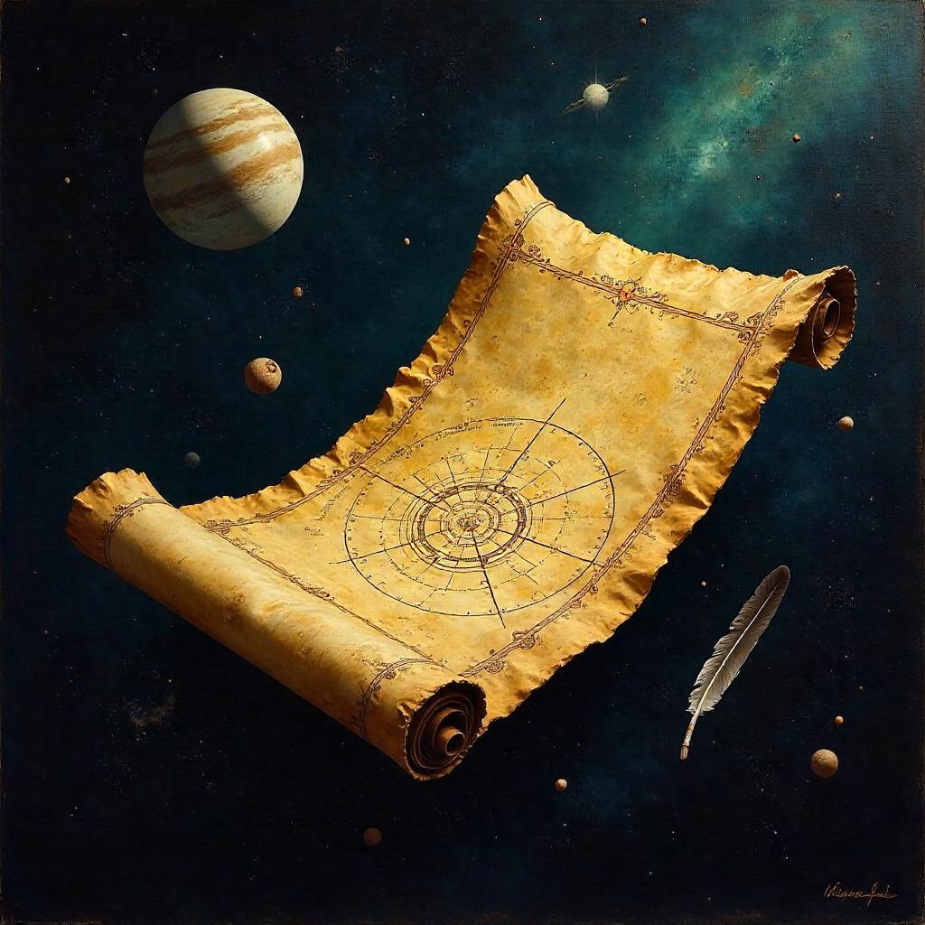Ancient Scroll Floating in Zero-Gravity Oil Painting
