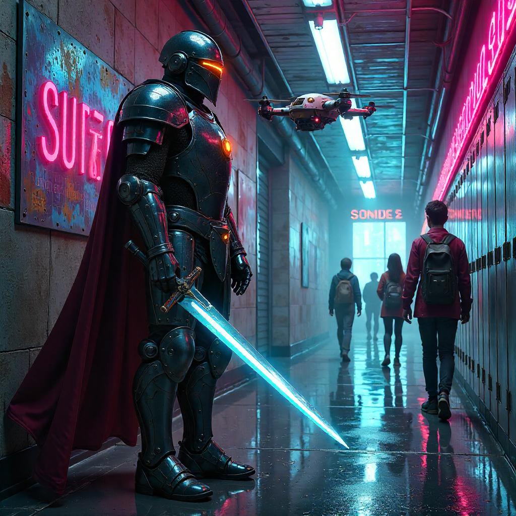Neon Knight Vigil in a Cyberpunk School Corridor