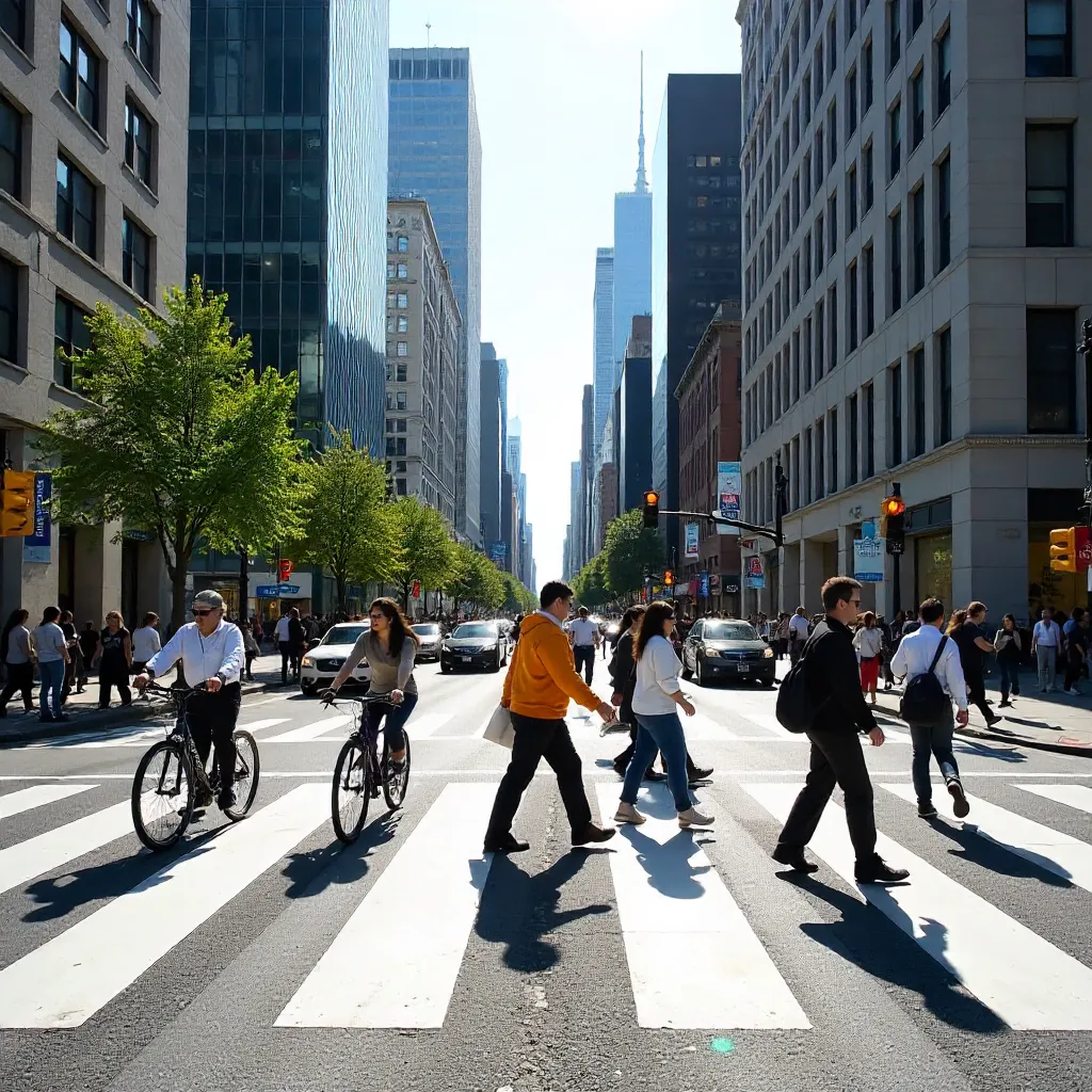 Sunlit City Crosswalk: Pedestrians and Cyclists