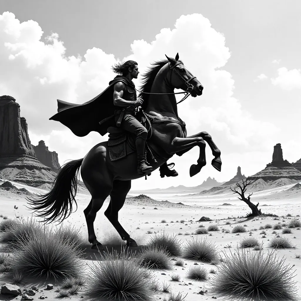 Rider on a Rearing Horse in a Monochrome Landscape