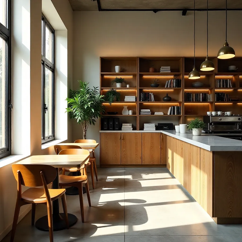 Stylish modern cafe interior with bookshelf