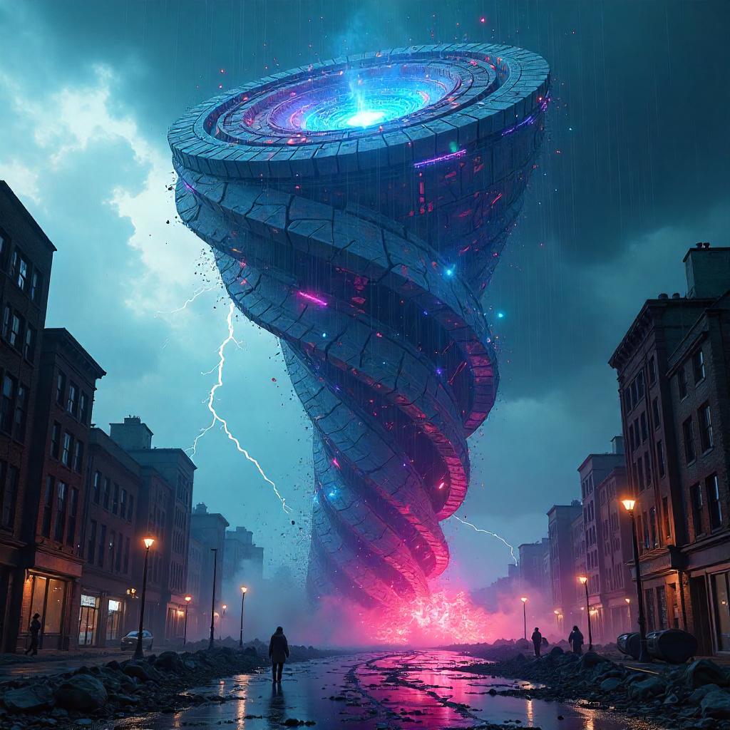 Giant Digital Art Tower Surrounded by a Tornado