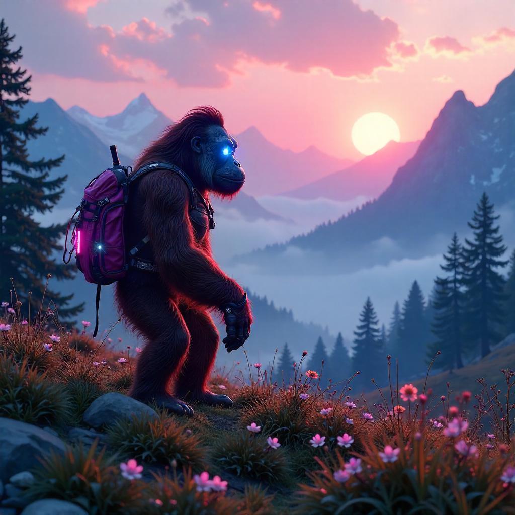 Cyberpunk Orangutan in Alpine Meadow