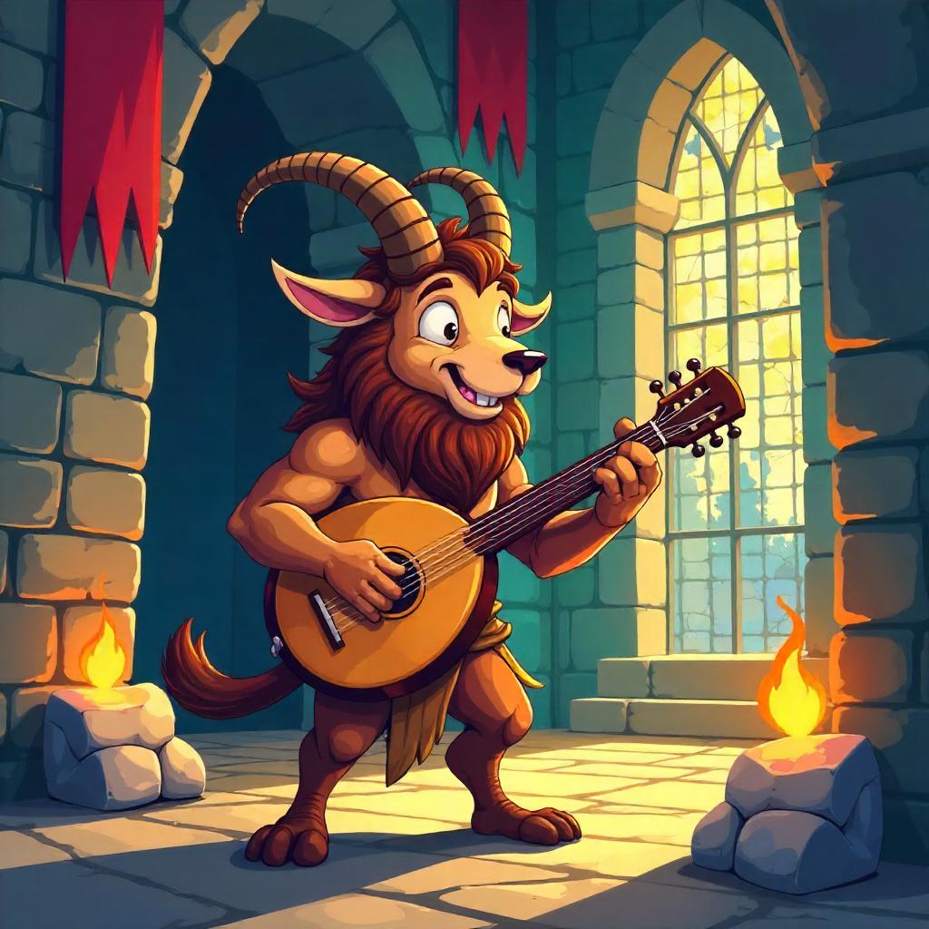 Whimsical Cartoon Satyr in a Medieval Castle