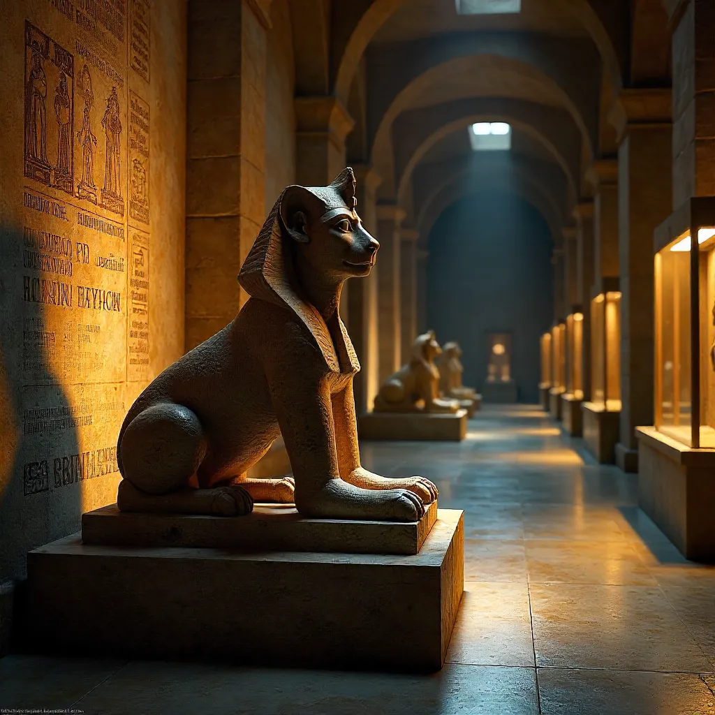 Dim Corridor Sphinx: Ancient Egyptian Statue in Museum