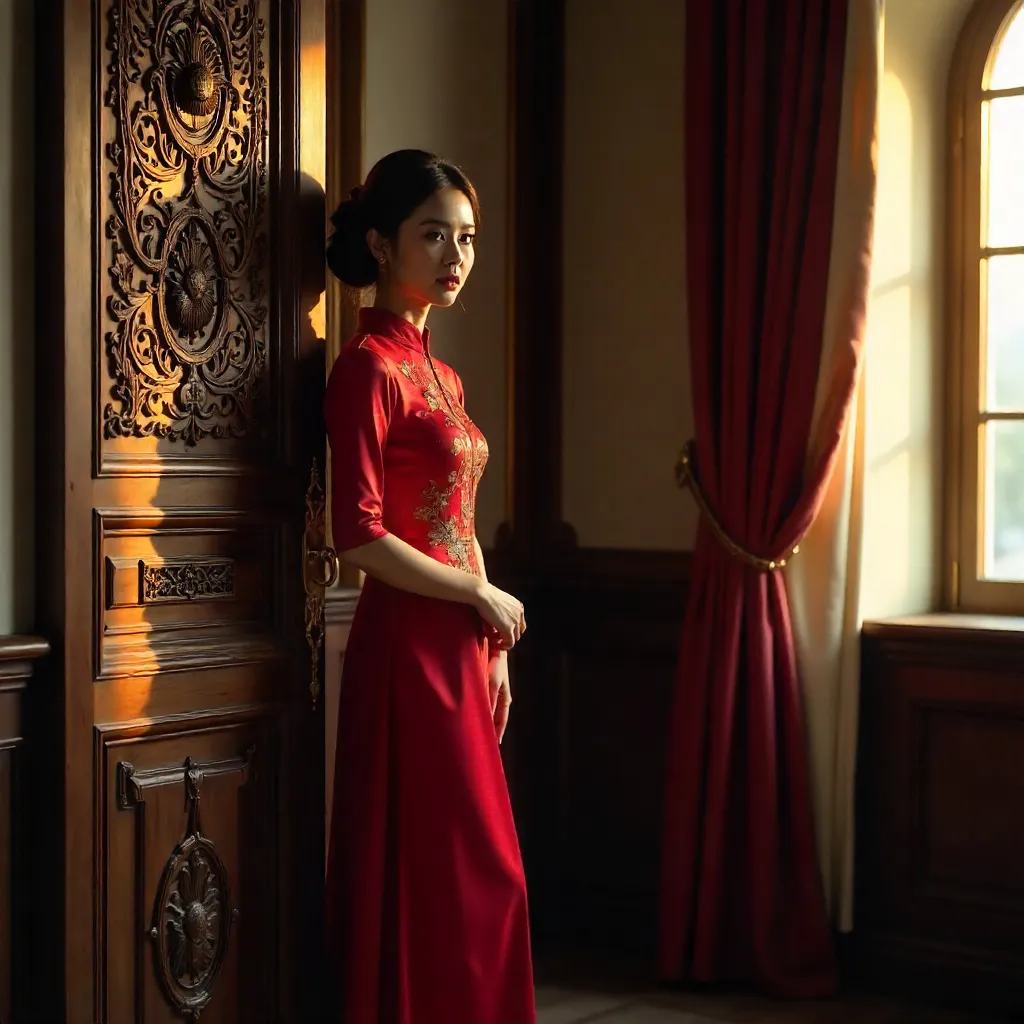 Elegant Red Dress by Ornate Wooden Door