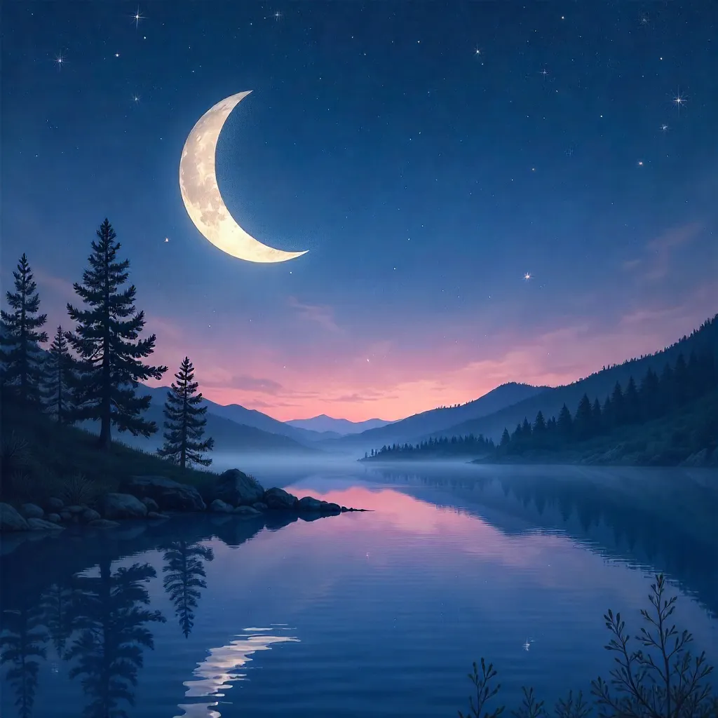 Serene Crescent Moon over Deep Twilight Sky
