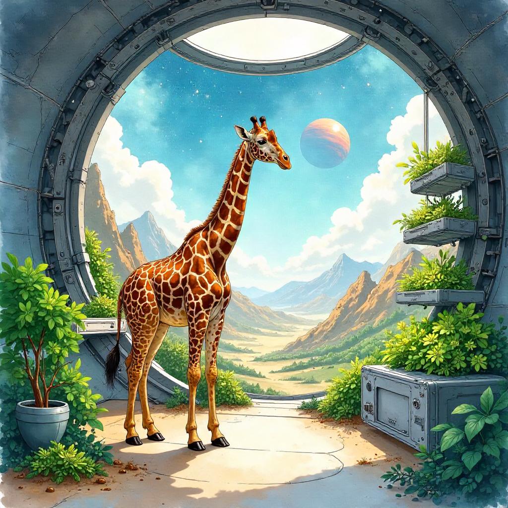 Watercolor Giraffe in a Terraforming Station