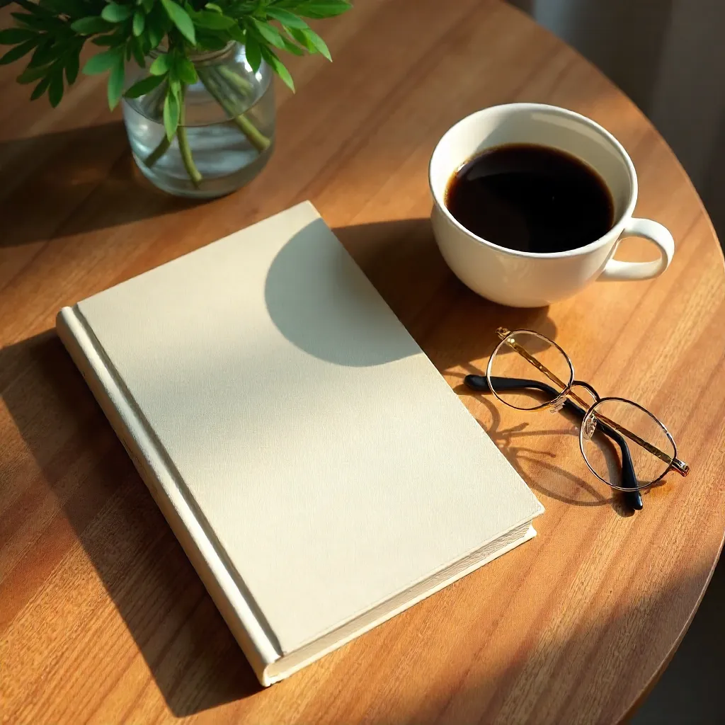 Calming Flat Lay: Book, Glasses, and Coffee on Wood Table