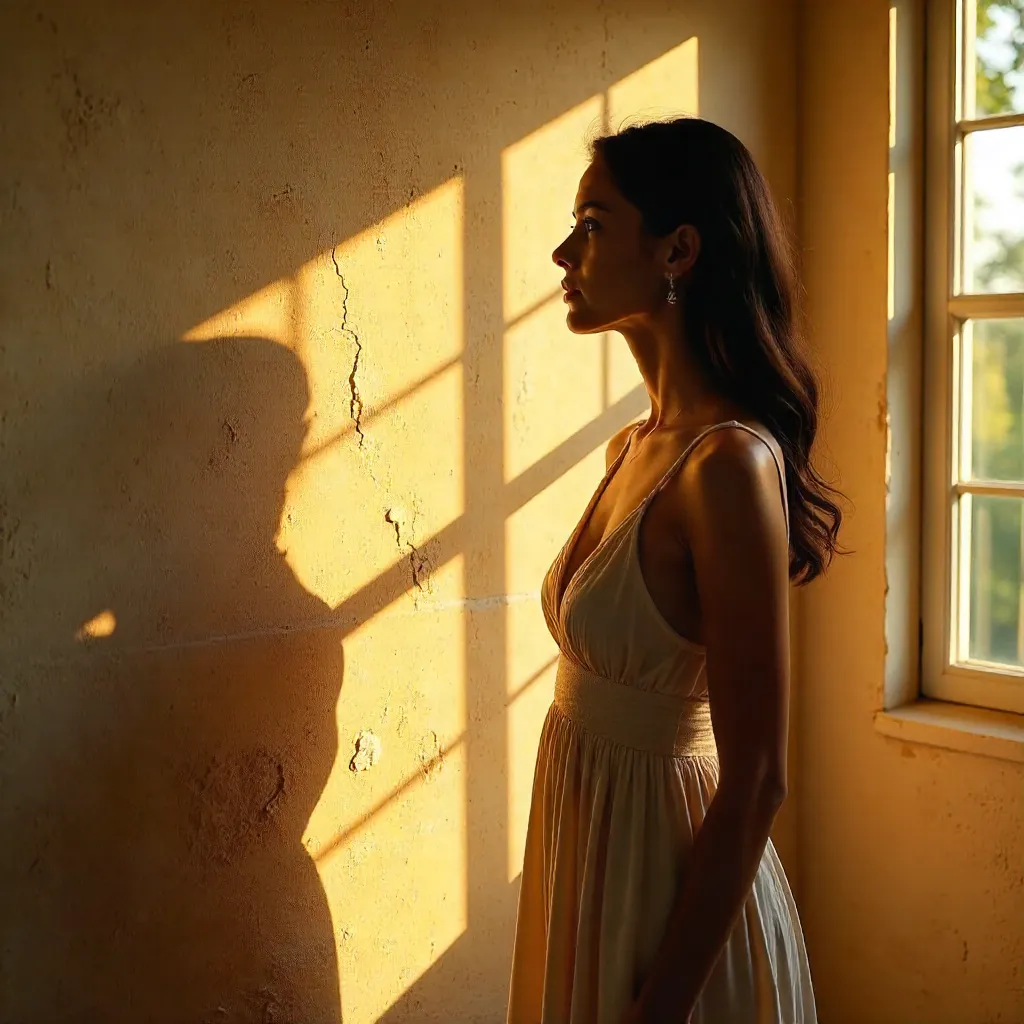 Golden Hour Woman Casting Shadows on a Textured Wall