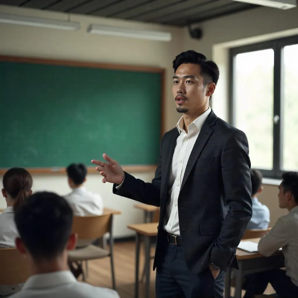 Confident Asian man presenting in a classroom