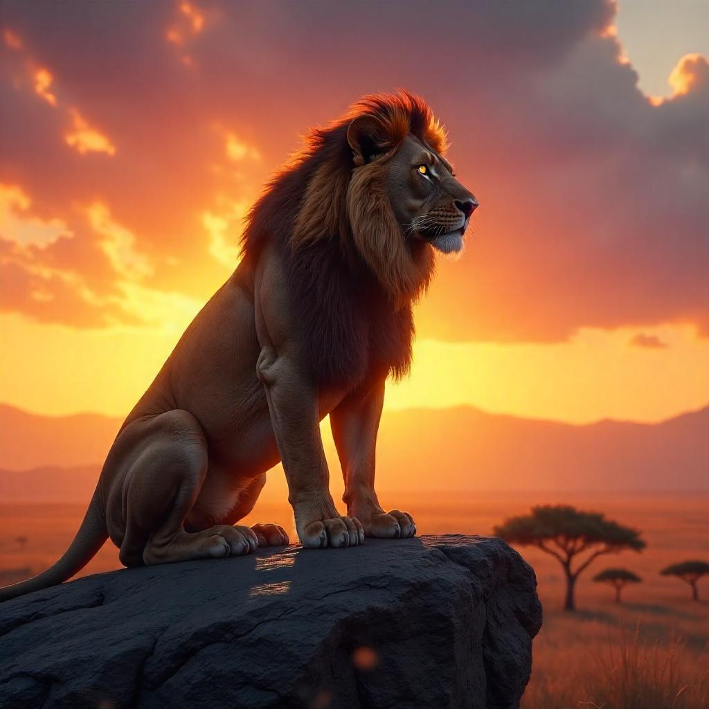 Golden Hour 3D Lion at Sunset: Cinematic Render