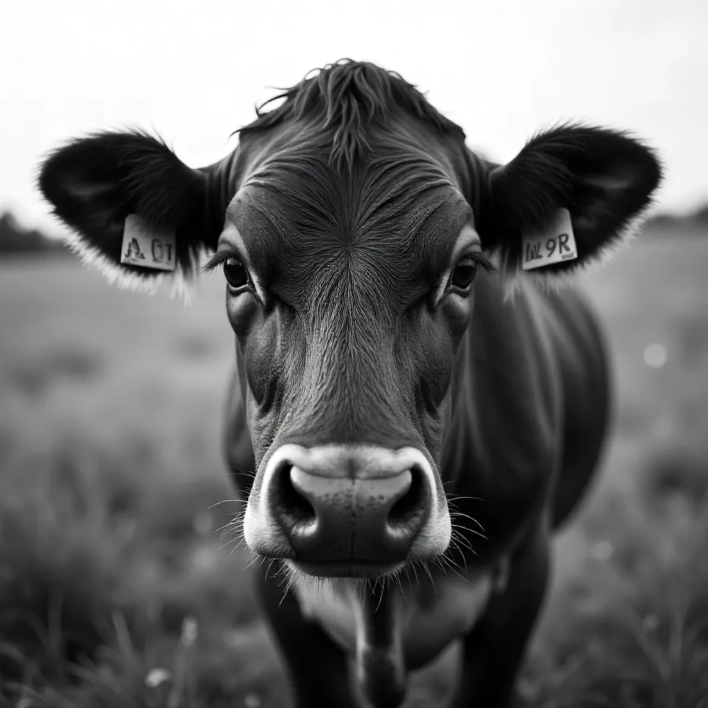 Close-Up Black-and-White Cow Portrait in a Field
