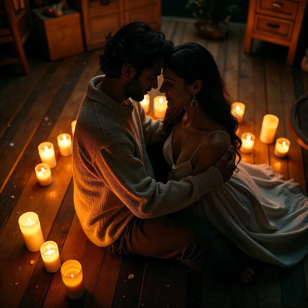 Candlelit Embrace on a Dimly Lit Floor