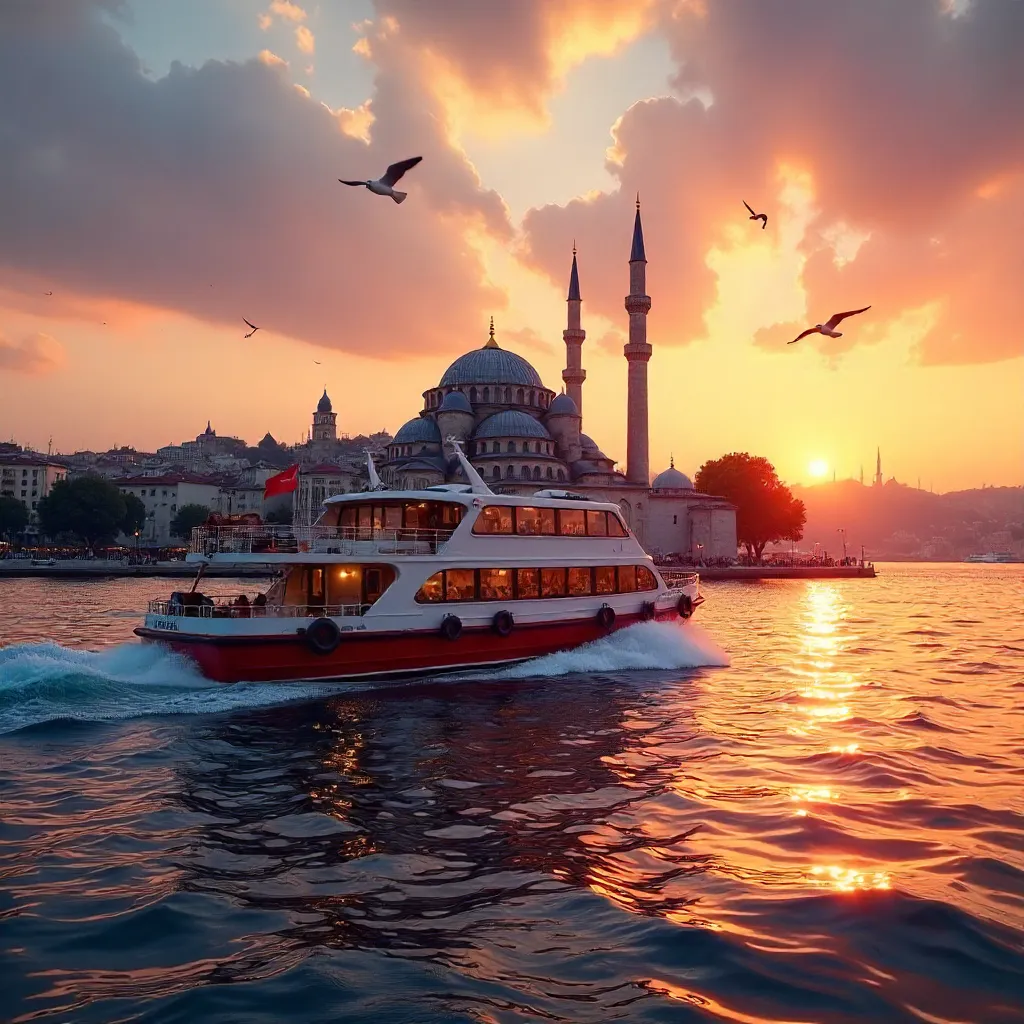 Sunset Ferry Near Ortaköy Mosque on the Bosphorus