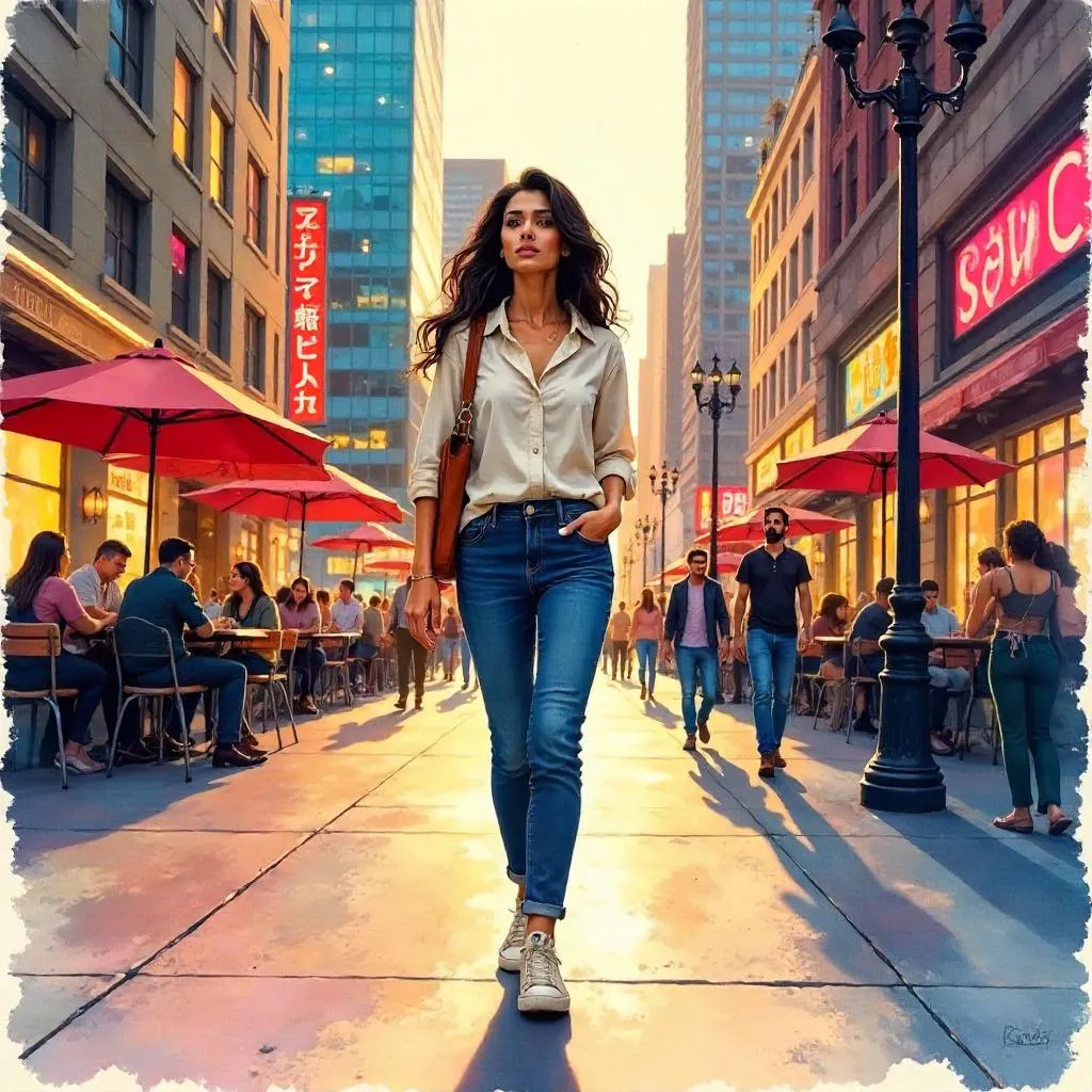 Watercolor Downtown Portrait: Young Middle Eastern Woman