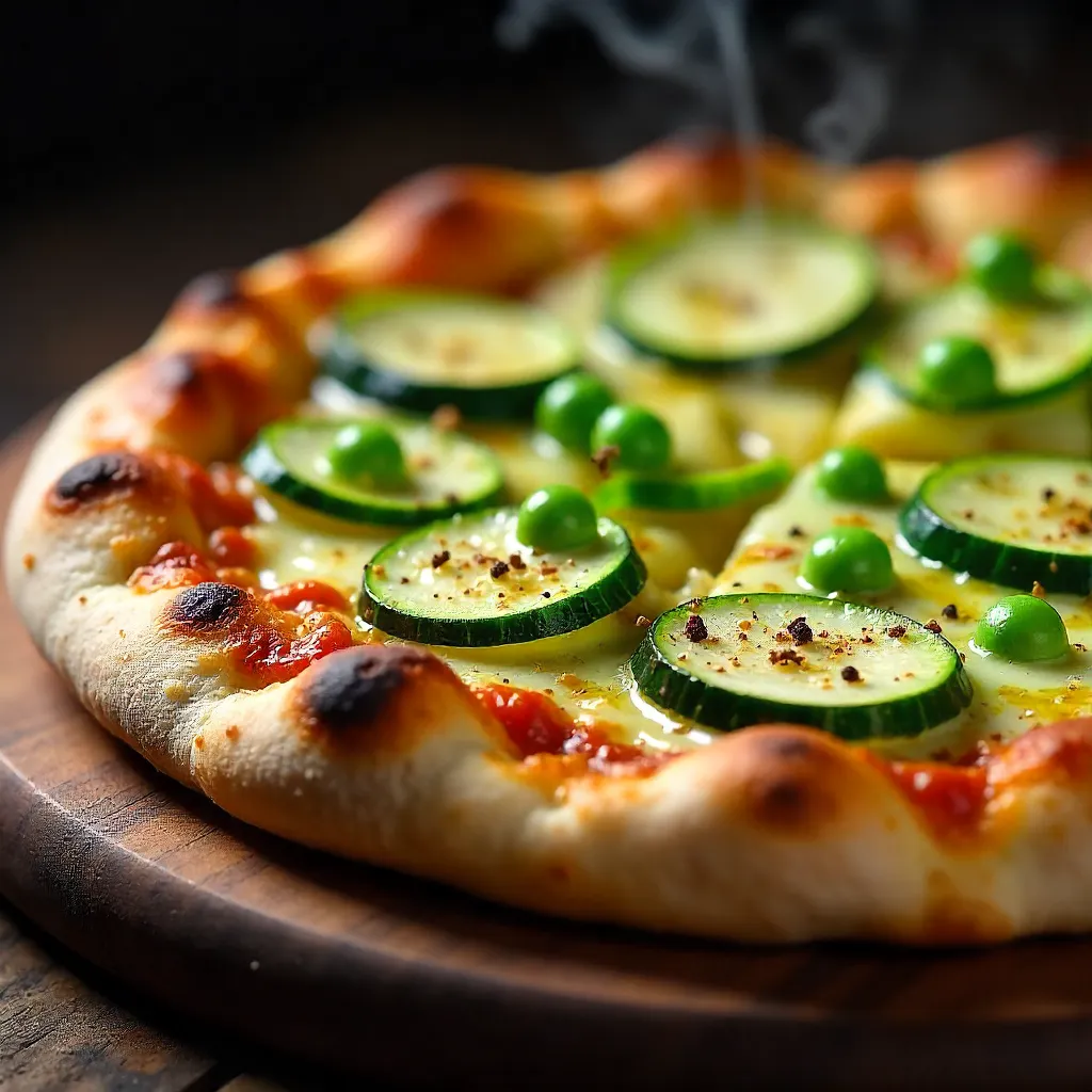 Close-Up Gourmet Veggie Pizza: Zucchini & Peas