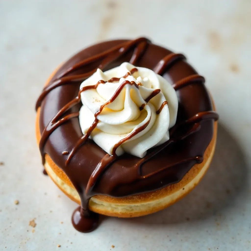 Top-Down Chocolate-Drizzled Donut with Cream