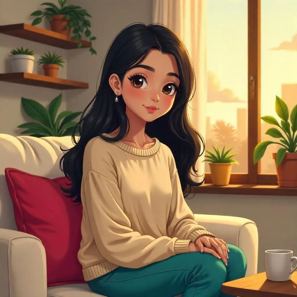 Cozy Anime Portrait of a Middle Eastern Girl at Home