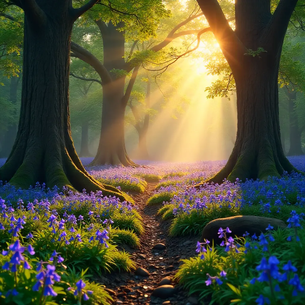 Golden Sunrise Through the Bluebell Forest