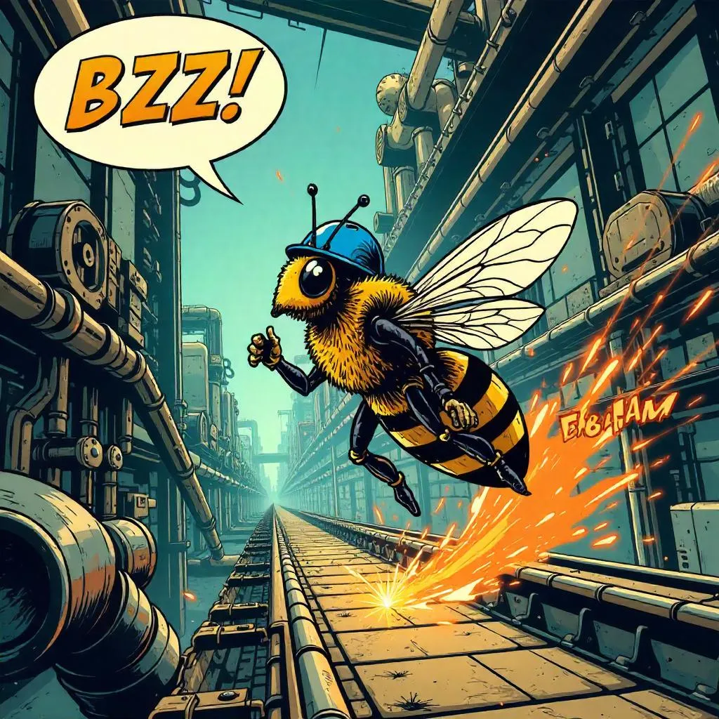 Bee Hero in a Halftone Factory Showdown
