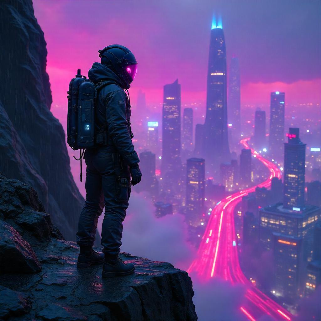 Neon Cliffside: Cyberpunk Pilot on the Edge