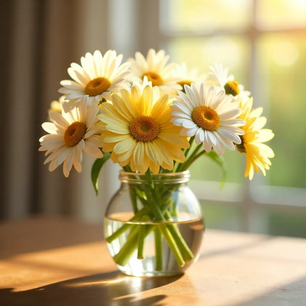 Sunlit Yellow and White Daisies in a Glass Vase