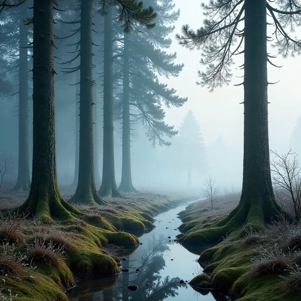 Serene Misty English Pine Forest in Winter