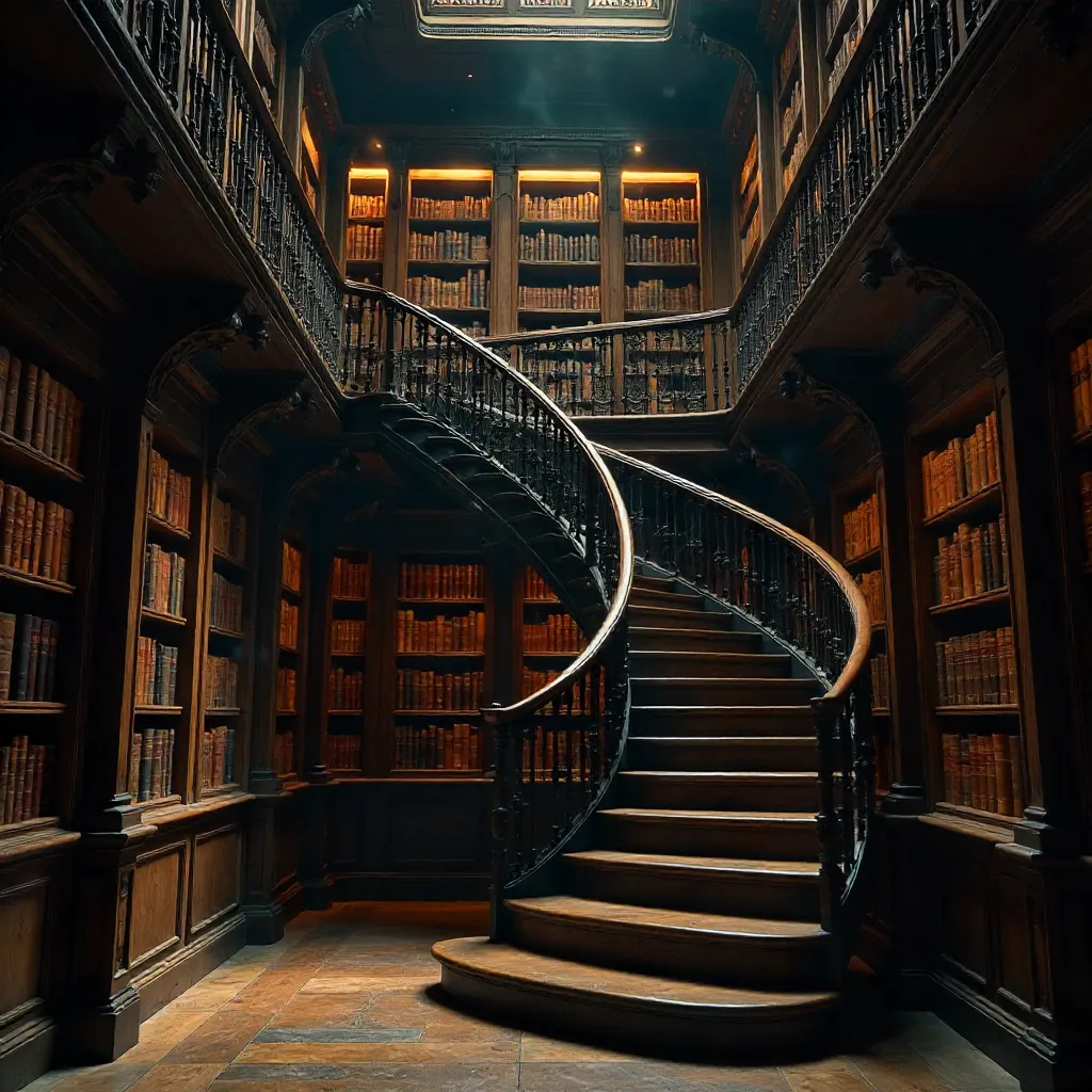 Spiral Staircase in a Dim Library
