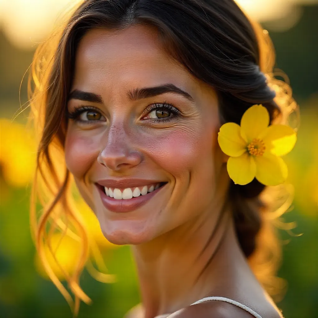 Close-Up Portrait: Woman with Yellow Flower Behind Ear