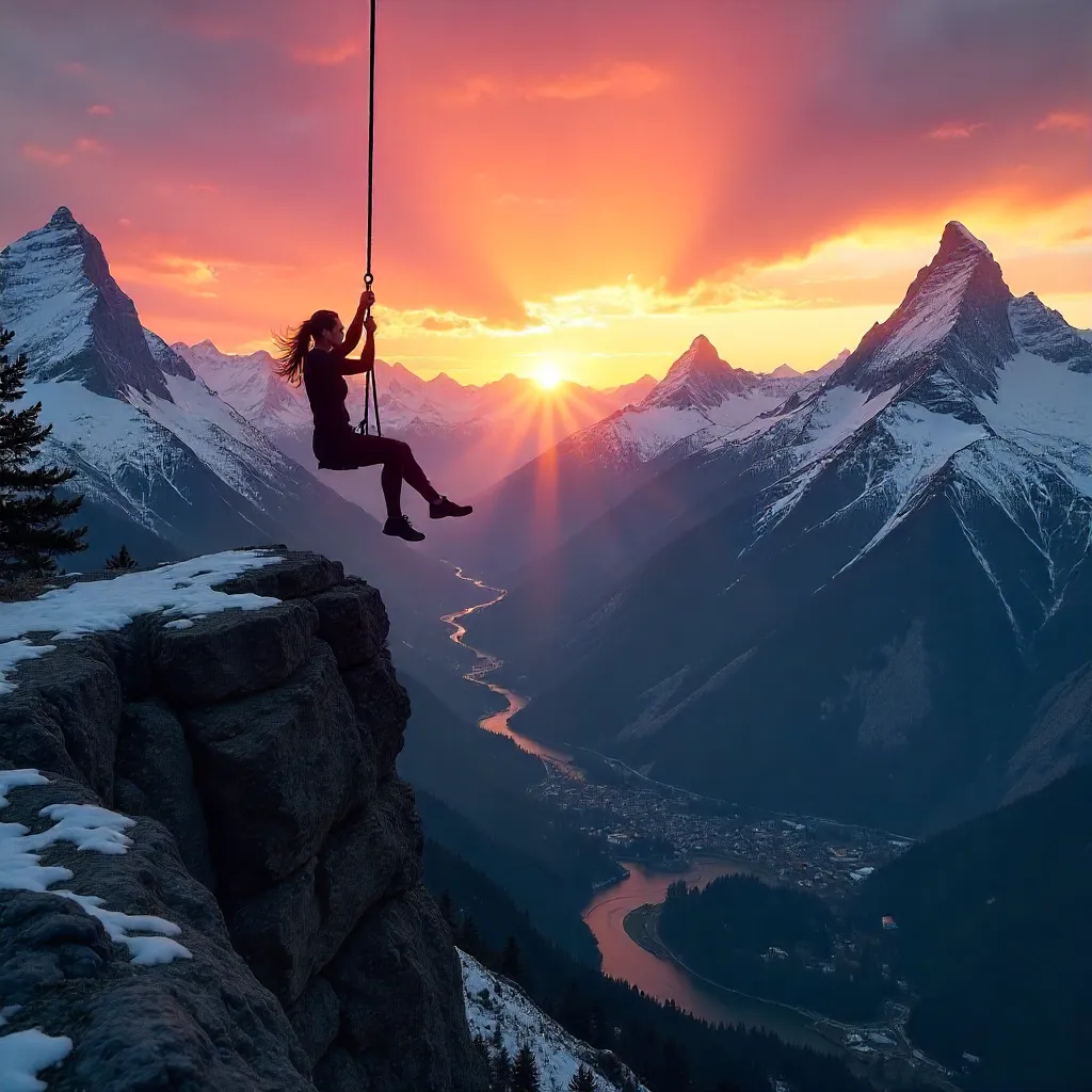 Silhouette on a Rope Swing Over Vipiteno Alps at Sunset
