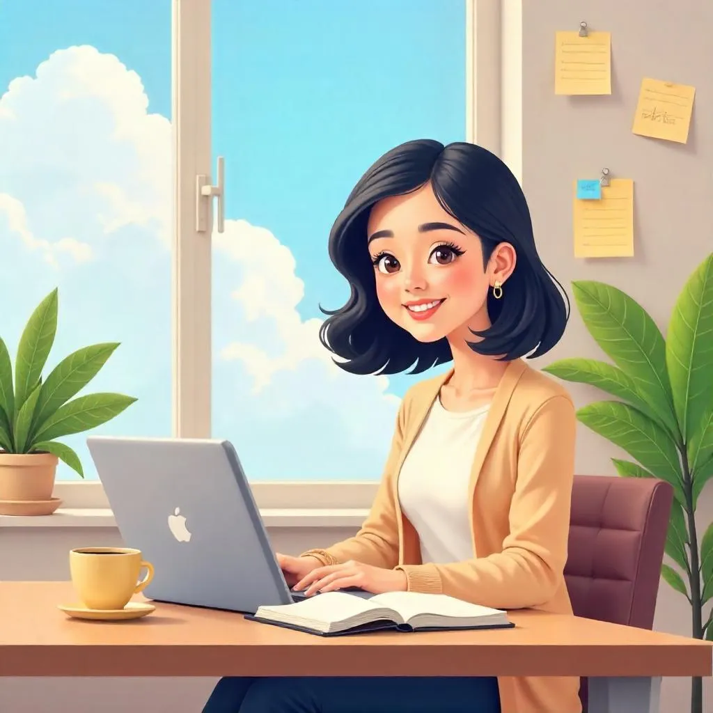 Cartoon Workspace: Young Asian Woman at Desk